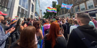Image: The LGBTQ community organized a rally with the help of people who work in nearby bars and several organizations after three men were assaulted and subjected to homophobic abuse near a pub in in Liverpool, England, in June 2021.