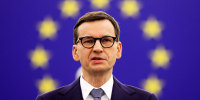 Polish Prime Minister Mateusz Morawiecki delivers a speech during a debate on Poland's challenge to the supremacy of EU laws at the European Parliament in Strasbourg, France, on Oct. 19, 2021.