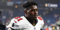 Antonio Brown of the Tampa Bay Buccaneers looks on after a win over the New England Patriots on Oct. 3, 2022, in Foxborough, Mass.