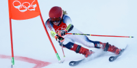 Mikaela Shiffrin of the United States skis in the mixed team parallel finals Sunday at the 2022 Beijing Olympics.