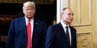 Former president Donald Trump and Russian President Vladimir Putin arrive for a meeting in Helsinki on July 16, 2018.