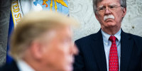 John R. Bolton listens as former President Donald J. Trump meets with Prime Minister of Hungary, Viktor Orbán, in the Oval Office of the White House on May 13, 2019.