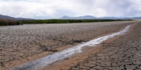 A small stream runs through the dried, cracked earth of a former wetland near Tulelake, Calif., on June 9, 2021.