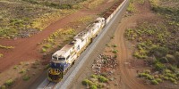 One of Fortescue's ore trains near the Eliwana mine in the Pilbara region of Western Australia. The route is nearly 100 miles long.