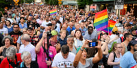 Crowds rally outside the Stonewall Inn for a rally to mark the 50th anniversary of the Stonewall Riots in New York City, on June 28, 2019.