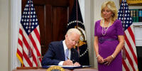 President Joe Biden signs into the Bipartisan Safer Communities Act Gun Safety Bill