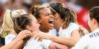 England's players celebrate after winning at the end of the UEFA Women's Euro 2022 final football match against Germany at Wembley stadium in London on July 31, 2022.