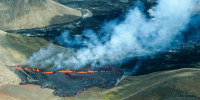 The Fagradalsfjall volcano near the Keflavik Airport in Iceland is active on Aug. 3, 2022.