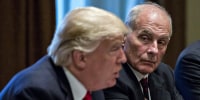 White House chief of staff John Kelly listens as President Donald Trump speaks during a briefing with senior military leaders in the Cabinet Room of the White House on Oct. 5, 2017.