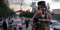 Taliban fighters stand guard in Kabul, Afghanistan on Aug. 7, 2022.