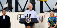 President Joe Biden, flanked by First Lady Jill Biden and Puerto Rico Governor Pedro Pierluisi, delivers remarks in the aftermath of Hurricane Fiona in Ponce, Puerto Rico, on Monday.