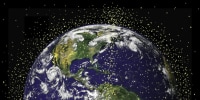 An artist's depiction of orbiting debris and satellites around Earth.