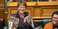 New Labour MP Soraya Peke-Mason smiles during her maiden speech at Parliament in Wellington, New Zealand, on Tuesday, Oct. 25, 2022. For the first time in New Zealand's history, a majority of lawmakers are women.