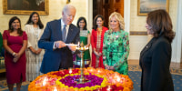 Joe Biden, Jill Biden and Kamala Harris during an event celebrating Dewali at the White House 