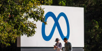 Meta Platforms signage outside the company's headquarters in Menlo Park, Calif., Oct. 2021.