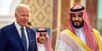Saudi Crown Prince Mohammed bin Salman welcomes President Joe Biden to Al-Salam Palace in Jeddah, Saudi Arabia, on July 15, 2022.