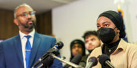 Aram Wedatalla, a Hamline University senior and the president of the Muslim Student Association, speaks during a news conference at CAIR-MN's office in Minneapolis on Jan. 11, 2023.