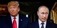 President Donald Trump and Russian President Vladimir Putin arrive for a meeting in Helsinki on July 16, 2018.