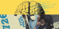 Photo illustration of a scientific diagram of a human brain with scratch marks and scribbles, and a Black man with his hands behind his back as police surround him.