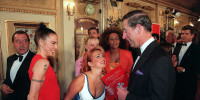 The Prince of Wales gets a warm reception from the Spice Girls, as he jokes with Geri Halliwell at the Prince's Trust concert, Manchester on May 9, 1997.