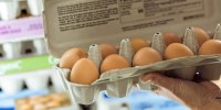 Woman grocery shopping for eggs in supermarket.
