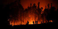 Volunteers carry supplies for firefighters near trees burning in Puren, Chile, on Feb. 4, 2023.
