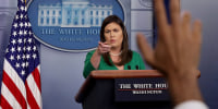 Sarah Huckabee Sanders at a news conference in the Brady Press Briefing Room at the White House