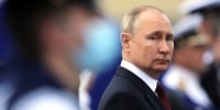 Vladimir Putin at a military parade in Saint Petersburg, Russia