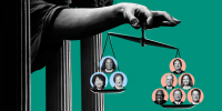 Photo collage-based illustration of a hand of Lady Justice holding scales with the justices, separated by left-leaning and right-leaning.