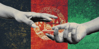 Photo Illustration: Two hands reaching out to each other, against the backdrop of a worn Afghan flag