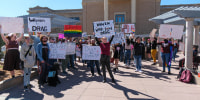 Students at West Texas A&M University protest the cancellation on an on-campus drag show in Canyon, Texas, on March 21, 2023.