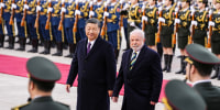 Chinese President Xi Jinping and Brazil's President Luiz Inacio Lula da Silva attend a welcome ceremony in Beijing on April 14, 2023.