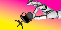 Photo illustration of a robotic hand grabbing an office chair.