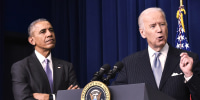 Then-President Barack Obama and then-Vice President Joe Biden speak in the South Court Auditorium