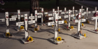 The memorial to the victims of the massacre at Robb Elementary School on April 25, 2023 in Uvalde, Texas.