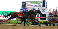 National Treasure, right, with jockey John Velazquez, edges out Blazing Sevens, with jockey Irad Ortiz Jr., to win the148th running of the Preakness Stakes horse race at Pimlico Race Course, Saturday, May 20, 2023, in Baltimore.