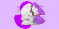 photo illustration/collage of a peaceful older woman with flowers coming out of her face on a purple background with handwritten letter. 