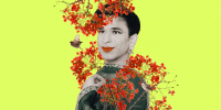 photo illustration of a person with red lipstick standing between red flowers and birds