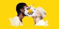 photo illustration/collage of two women kissing with a flower and butterflys covering their face