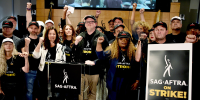 US actress Frances Fisher, SAG-AFTRA secretary-treasurer US actress Joely Fisher, SAG-AFTRA President US actress Fran Drescher, and National Executive Director and Chief Negotiator Duncan Crabtree-Ireland, joined by SAG-AFTRA members, pose for a photo during a press conference at the labor union's headquarters in Los Angeles, California, on July 13, 2023. Tens of thousands of Hollywood actors will go on strike at midnight Thursday, effectively bringing the giant movie and television business to a halt as they join writers in the first industry-wide walkout for 63 years. The Screen Actors Guild (SAG-AFTRA) issued a strike order after last-ditch talks with studios on their demands over dwindling pay and the threat posed by artificial intelligence ended without a deal.
