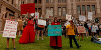 Demonstrators outside the Texas State Capitol during a Women's March in Austin, Texas