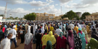 Supporters of Nigerien President Mohamed Bazoum gather to show their support in Niamey, Niger on July 26, 2023.