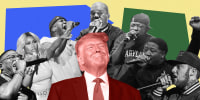 From left: Nelly, Nicki Minaj, Q-Tip, Donald Trump, Ye, Phife Dawg, Yung Joc, Mac Miller
