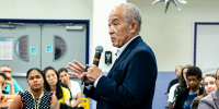 Mike Miles, the Houston Independent School District superintendent, giving a presentation to parents and teachers during a community meeting at Stevenson Middle School, in Houston on Aug. 1, 2023. As part of a state takeover plan, libraries in underperforming schools are becoming spaces for disruptive students to watch lessons on computers.