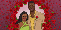 Illustration of Charity Lawson and Dotun Olubeko surrounded by a wreath of red roses.