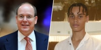 Prince Albert on the left smiles in a blue suit. On the right, his son Alexandre Grimaldi smiles in a white linen shirt.