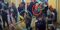 Image: Joshua Abate, circled in green, Micah Coomer, circled in red, and Dodge Dale Hellonen, circled in blue, appear inside the U.S. Capitol on Jan. 6, 2021.