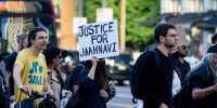 Protesters march through downtown Seattle on Thursday  after body camera footage was released following the death in January of Jaahnavi Kandula, a 23-year-old woman hit and killed by officer Kevin Dave in a police cruiser.