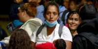Members of the Cumales/Suarez family (kids age 13, 12, 8, 3 and month old -No first names given) from Venezuela along along with dozens of other migrants/immigrants families are seen arriving from Texas at the Port Authority Bus Terminal early Wednesday Sept. 6, 2023. Accordingly to activist Power Malu from the organization Artists, Athletes and Activists New York City has removed the MTA buses from transporting immigrants from the bus terminal to the Roosevelt hotel Processing Center forcing the activists to hire Uber, Lift mini vans to transport the immigrants.