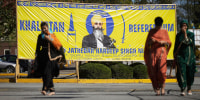 Late temple president Hardeep Singh Nijjar is seen on a banner outside the Guru Nanak Sikh Gurdwara Sahib in Surrey, British Columbia on Sept. 18, 2023.